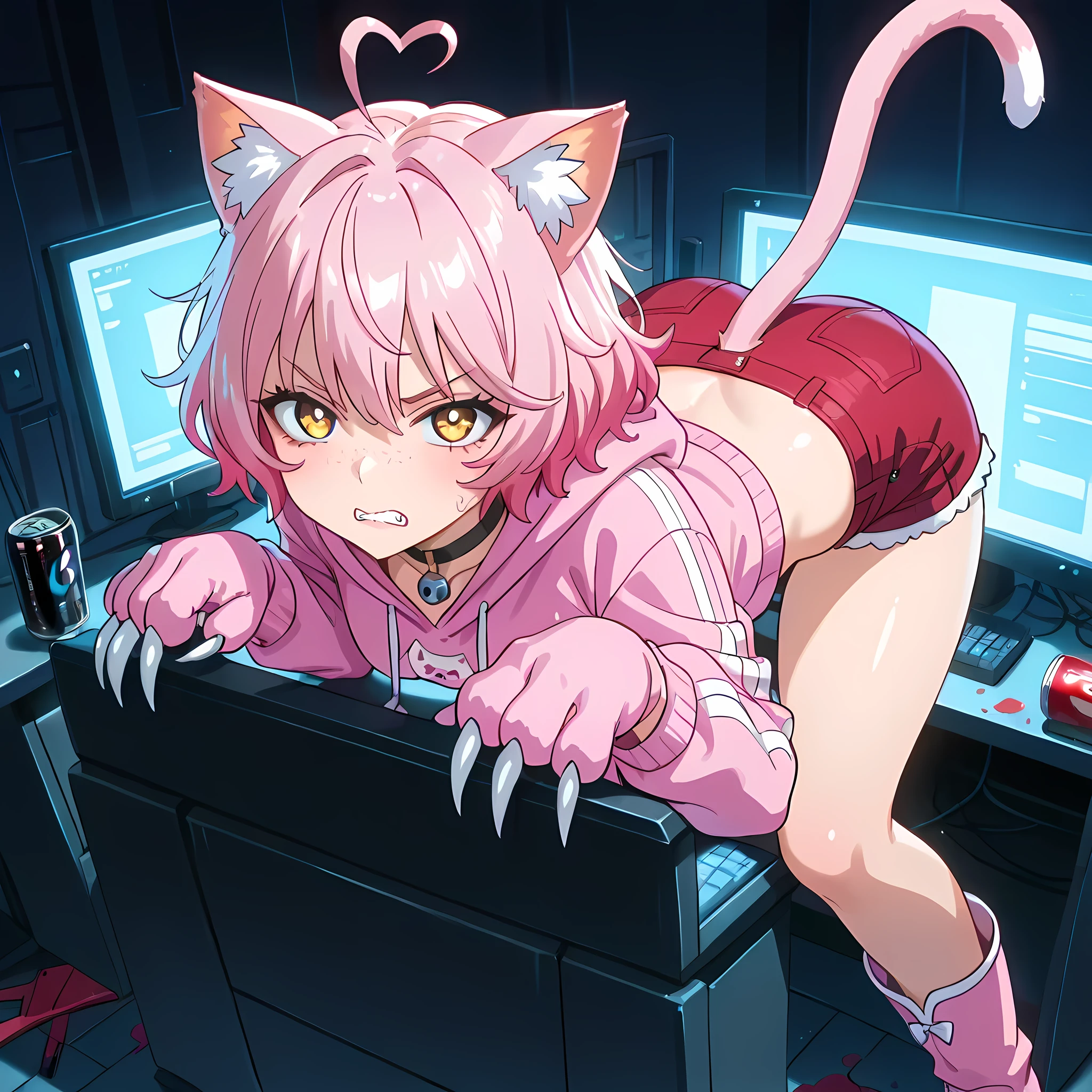 (high front angle, extreme close-up), ((ultra detailed action scene, capturing the movement of the claw attack, blur in the attack, sense of impact in the scene, attacking the viewer, anime skin texture, perfectly detailed scenery, best image quality, full HD, perfectly detailed appearance, perfectly detailed eyes, 1 woman, hacker information on monitors, dark room, room full of darkness, hacker scenery, snacks thrown on computer desk, soda spilled on the floor, clothes thrown on the floor, 1 woman in cat pose, cat pose, fighting pose, standing with her butt up, glaring at the viewer with a furious look showing her claws, teeth clenched):1.15), {Cindy Aurum/シドニー・オールム}:((1 woman, sleepy appearance, light pink hair with cyan colored braids:1.2, short messy hair, woman with adult body:1.2, salty cheeks, woman with twenty-year-old body, cyan colored cat sweater:1.2, oily skin, freckles:1.05, woman with obvious dark circles:1.2, tired appearance:1.2, yellow eyes with black pupils:1.05, average thighs, small butt, small breasts, pink cat boots, red denim shorts with ruffles on the edges, pink denim jacket with a hood with cat ears:1.15, perfect lips, pink cat gloves, pink cat tail, joystick pendant choker:1.05, panting, average arms and legs, circular eyebrows:1.2, heart-shaped ahoge:1.2, thin waist, wide hips, mature woman:1.2, two-tone hair color:1.2, light pink hair on the bottom:1.05)),