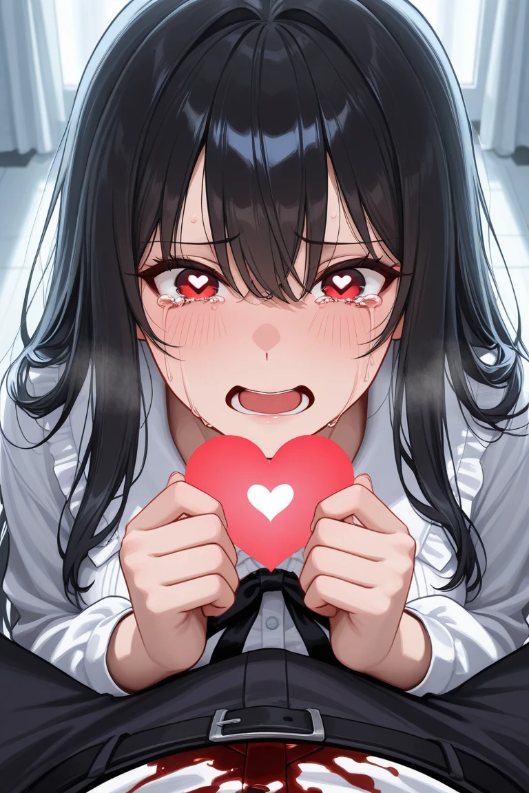 (anime) Girl with short hair,chestnut, glasses, taking out his heart full of blood and giving it to a boy, the floor in a pool of blood , showing that in this way he is giving his love, anime, dark illustration, masochism