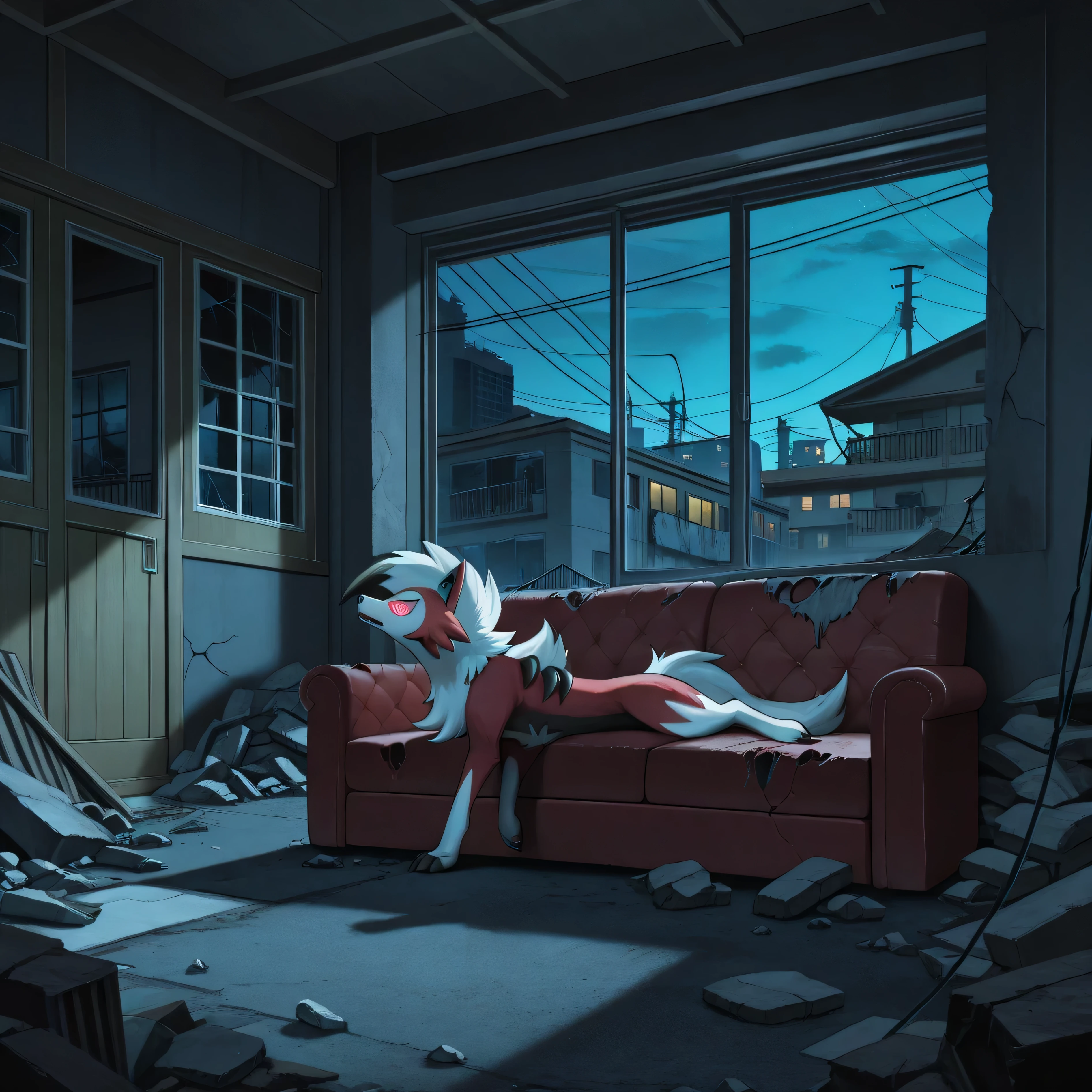 masterpiece, best quality, amazing quality, s1ums, indoors, buildings, power lines, urban, rubble, on ground, busted windows, torn couch, broken furniture, night, night time, sitting on torn couch, 1boy, solo, midnight lycanroc, pokemon, confused, feral, howling,