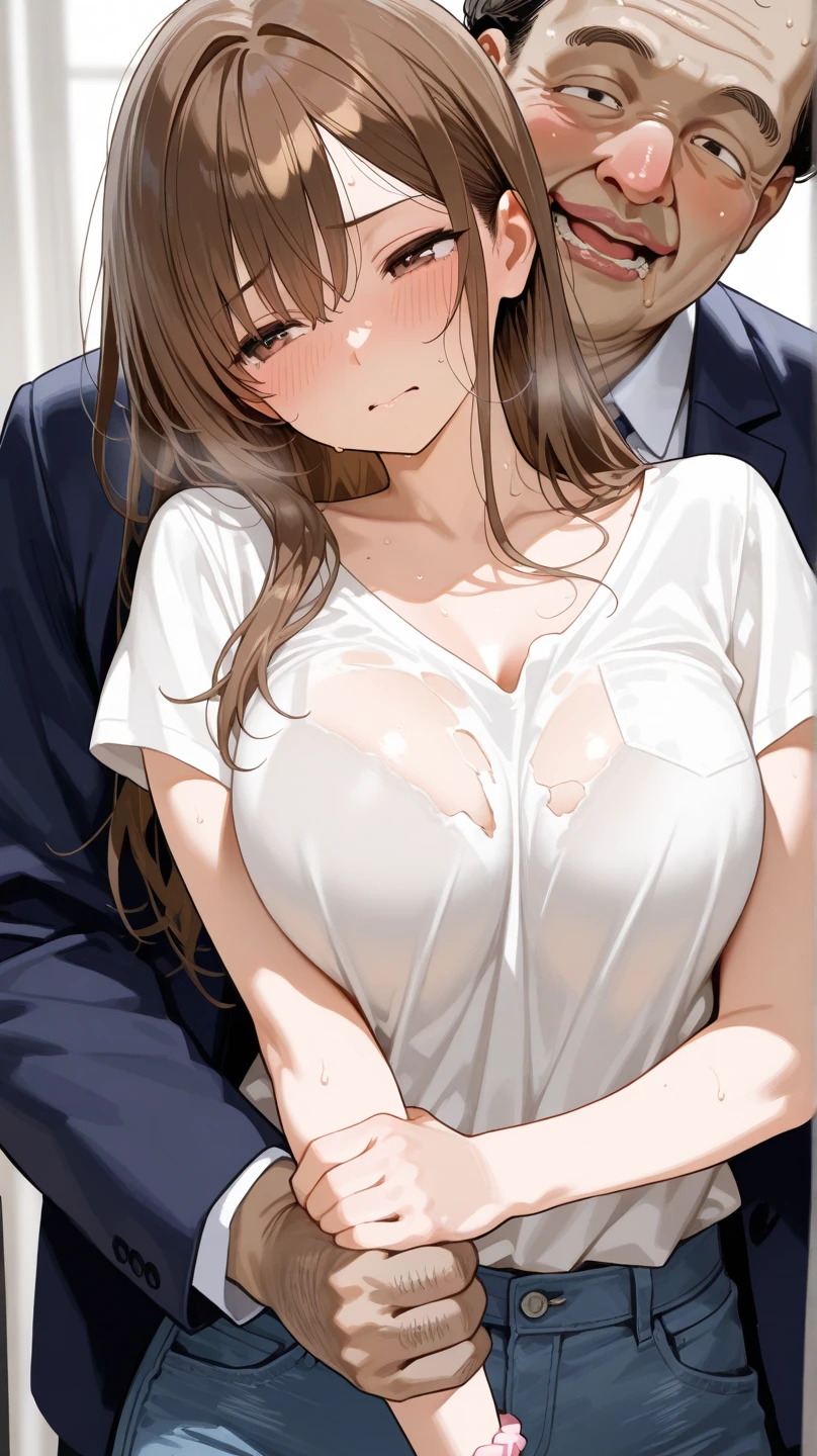(masutepiece, Digital Art, Digital Illustration, 4K, 8K, Ultra-detailed, beautiful image, Sharp Image, Photorealistic, Raw photo, Perfect face, Perfect lines, Perfect eyes, Soft lighting) 1 woman, (lightbrown hair,Chignon hair in a high position,Innocent look,Lowered eyebrows,drooping eyebrows,drooing eyes,cute large eyes,natural make up,kindly smile,Round jaws,petite female:1.3),Two handsome men in suits, (ember,Men in suits,well-muscled,Firm shoulder width,Adult male,Boyish hairstyle,English gentlemanly style,Man in his 30s with a cool expression,28-year-old man with bright smile:1.2),(Nervous,be shy,sleepy,embarrassed from:1.2),innocent smiles,(embarrassed from,Shy smile:1.1),A classroom full of light、schools、校服、by the window、pleatedskirt、brother、baggy cardigan、kiss、a couple、couple kissing、Romance、ssex、have sex、Wet pubic area、insert 、Rape、Overflowing、Full body painting,(One Girl And One Man,Having sex:1.5),(ember,Adult male,Rubbing the girl's boobs:1.2),Cheek dyeing、gasping face、embarrassed、boredom、begging、Unhappy、Greedy expression,Wet pubic area、 xen、Open your crotch wide、Cowgirl、Fluttering chest、Wet shirt、Lace underwear、Take off your underwear、With my mouth wide open、Akanbee、Sheer nipples、Pull up your skirt、Show panties、Plug-ins、 Plug-ins、penetrated by genitals、