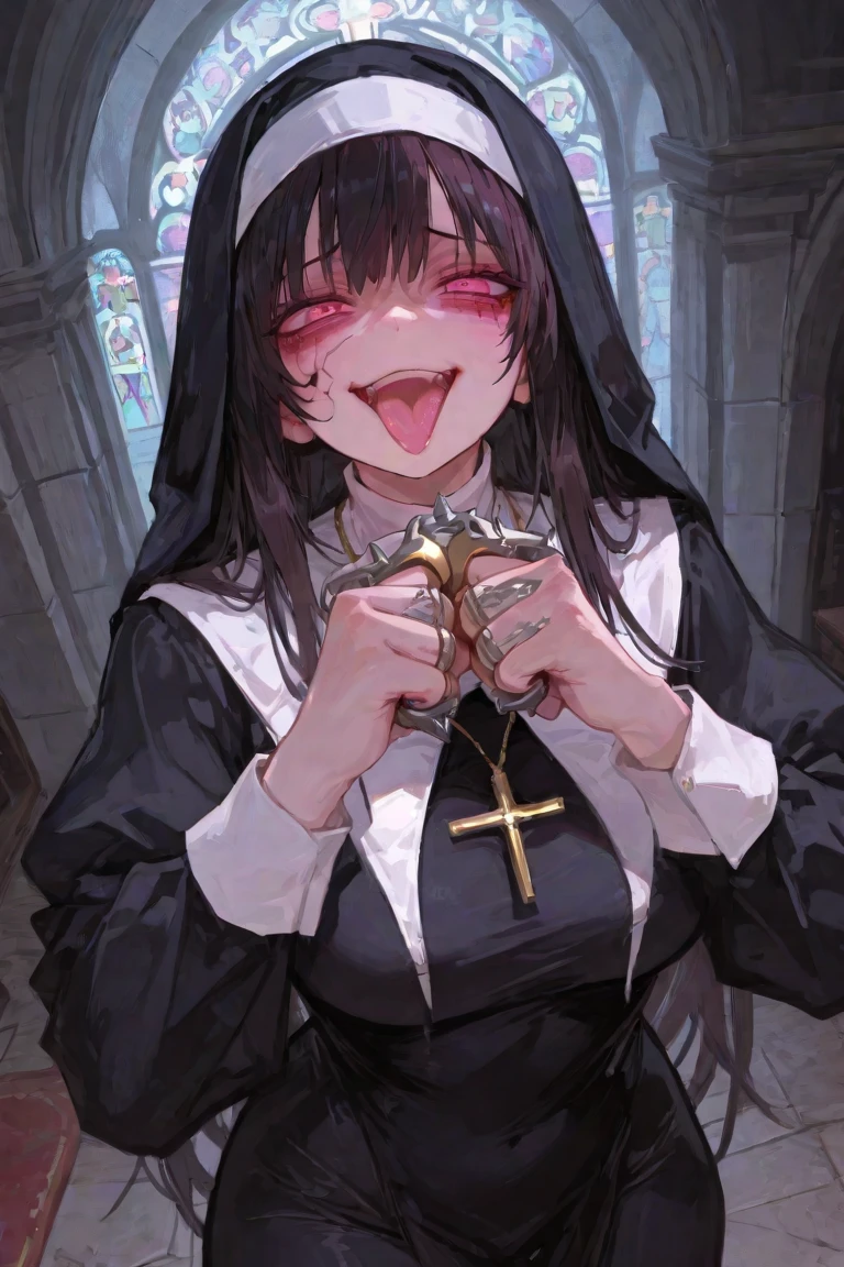 CarnageStyle, (WHITE AND BLACK:1.35), portrait of a possessed nun, bible, catholic, religion, cross, praying, intricate, headshot, highly detailed, [nsfw digital painting:50], artstation, concept art, nipples, bloody , erotic horror, sharp focus, cinematic lighting, illustration, art by artgerm and greg rutkowski, alphonse mucha, cgsociety, dark,tongue,gore, (Masterpiece:1.3) (best quality:1.2) (high quality:1.1), (rough fucked by a horny demon, vaginal creampie:1.1)