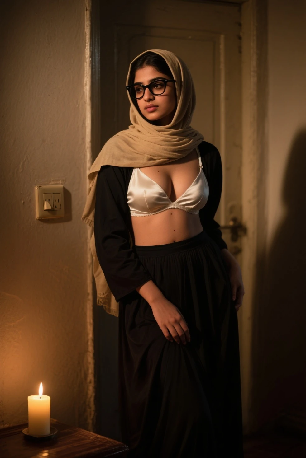 Chica arafed con hiyab i una bufanda y gafas de sol de pie frente a un perchero, chica muy hermosa, con cara precisa, Khyzyl Saleem, she is about 1 , Faridah Malik, con cara amable, Riyahd Cassiem, Imagen de muy muy muy baja calidad, Lindo hermoso, Joven mujer del Himalaya, Cara hermosa, Imagen detallada, cuerpo completo, morena, Niqab