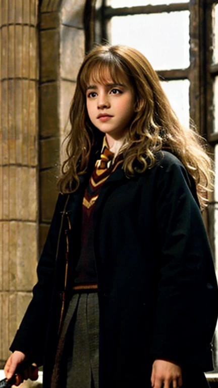 Emma Watson, Hermione Granger in Hogwarts, flyting with a witch bloom, student uniform, plissed grey skirt, upskirt, focus on eyes, expressive eyes, neckline, looking to the viewer
