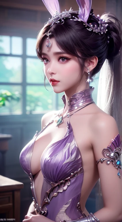 (Finest quality)),(A high resolution),(ultra-detailed art),(Meticulous portrayal),((Best Anime)),(Finest works of art),sharpness,Clear,Ultra-Precision Art,The art of astounding depiction,(masterpiece),
short Hair ponytail, short ponytail, purple hair, vibrant purple hair, extremely detailed hair, detailed bangs, with bangs,
pretty face, beautiful lips, soft lips,pretty face, close up face,serious face, pretty nose, beautiful nose,
pretty eyes, beautiful eyes, detailed eyes, perfect eyes, green eyes,
happy, jolly, smiling,
clear skin,white skin, soft skin, small bust, small breasts, smooth skin,
korean girl, korean beauty, irene, red velvet irene,
detailed lingerie, perfect lingerie, side boob,
cool pose, full body, detailed thighs, detailed legs,
super high-angle shot, no background,looking at camera,