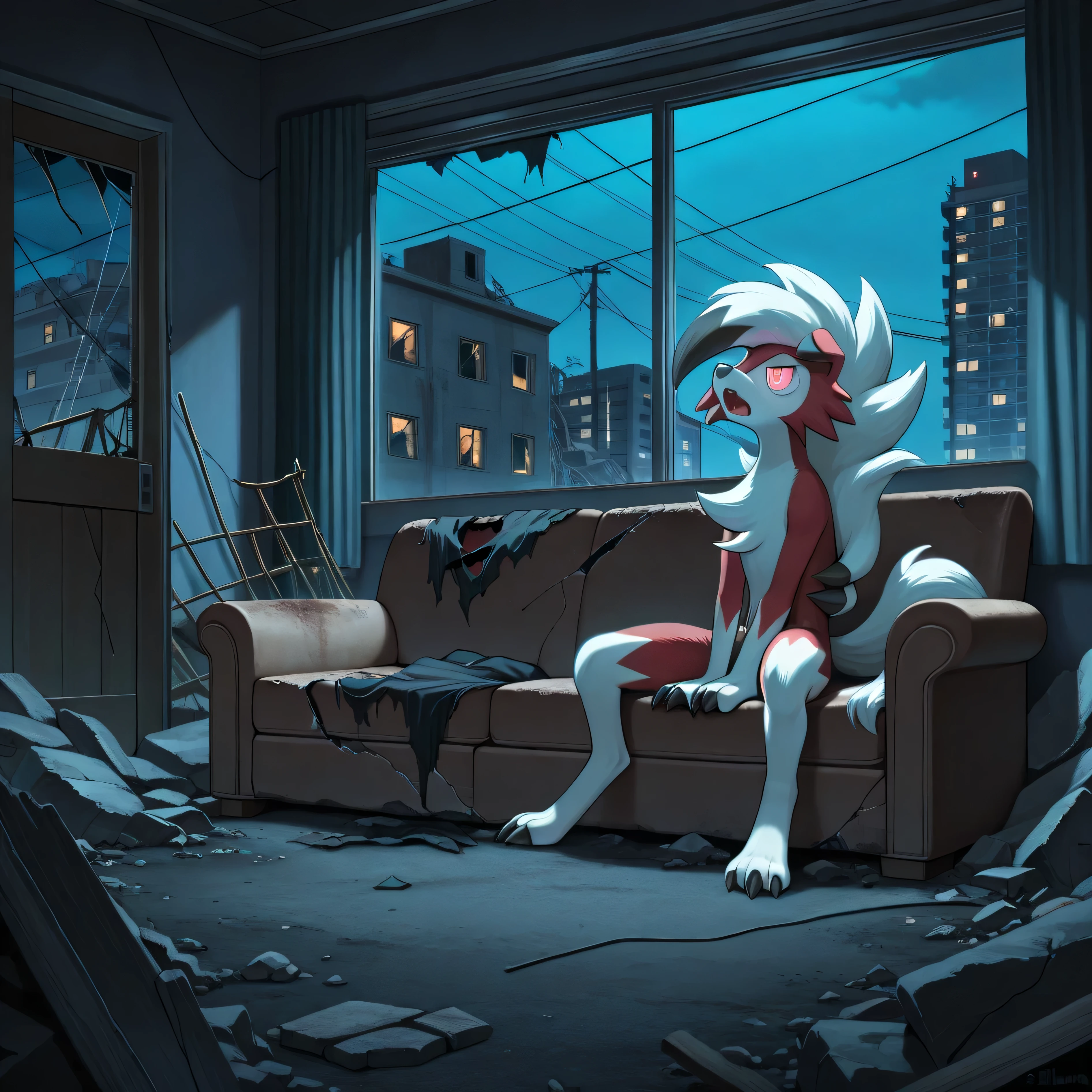 masterpiece, best quality, amazing quality, s1ums, indoors, buildings, power lines, urban, rubble, on ground, busted windows, torn couch, broken furniture, night, night time, sitting on torn couch, 1boy, solo, midnight lycanroc, pokemon, confused, anthro, howling,