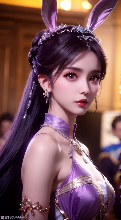 1 beautiful girl in Han costume, thin purple silk shirt with many white motifs, white lace top, long silver-purple ponytail, gorgeous hair jewelry, earring jewelry, purple rabbit ears pale, necklace jewelry, big purple eyes meticulously drawn, meticulous makeup, thin eyebrows, high nose, pretty red lips, no smile, pursed lips, rosy cheeks, enlarged breasts, huge breasts, round a well-proportioned, slim waist, purple mesh socks, Chinese hanfu style, fictional art textures, vivid and realistic colors, RAW photos, real photos, ultra high quality 8k surreal photos, ( magic light effect: 1.8), 10x pixels, magic effect (background): 1.8), super detailed eyes, girl portrait, girl alone, ancient hanfu background, 8k quality, UHD, HDR10, super sharp, the most detailed and clear picture, bright colors, even lighting, detailed dark background,