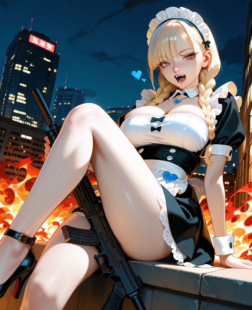 Masterpiece, Top Quality, 1girl, (Young Woman), Solo, Blonde Twin Tails, Big, Thighs, Dog Ears, ((Golden Eyes)), (((Red Collar)), Chain Leash, (Fluttering Yellow Mini Skirt), (Black Bra), (Red and Very Large Heart Tattoo Under the Navel)), (Embarrassed)), Sweating a lot, (((Red cheeks)), Looking Up, (((Dirty Toilet))