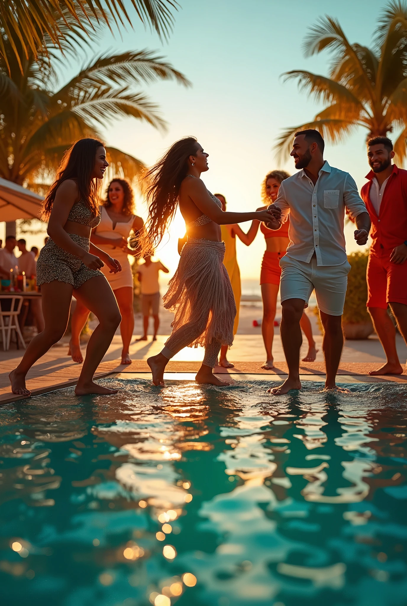 (realistic,photorealistic:1.37),people dancing on the sea surface,beach party,young people dance techno on sea surface (party scene),(bright lights,neon lights:1.1),crazy party,(joy,fun:happiness:1.1),water splashes from under their feet,8k