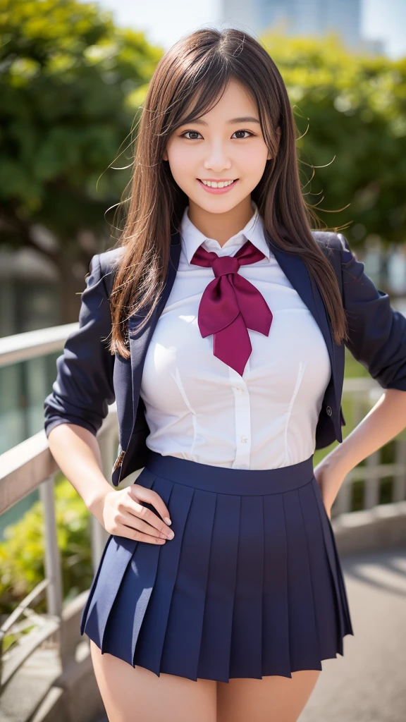 ((clear))　Japan woman in her early teens　high school girl　Long Hair　Elegant smile　((Super big breasts))　breasts are too big and the blouse is too tight　School uniforms　blazer　tie　High stockings　zettai ryouiki