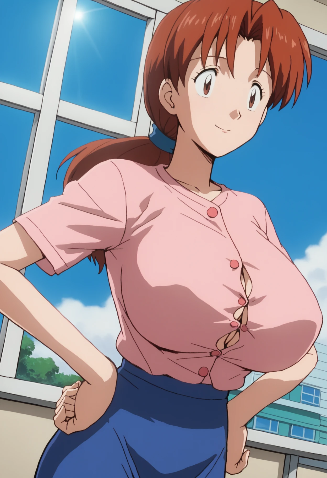(Anime of Yatsu, Retro art style, Clean brush strokes, Very detailed, Perfect Anatomy, Browsing Caution), Dormitory of background, (tomo, 1 daughter), Eyebrows visible through hair, bangs, Dark brown hair, (blue eyes, Eyes are easily depressed (uniform:1.6), (Beautiful and detailed:1.2)of), Looking at the audience, Open your mouth (smile:1.5), (Sitting, Spread your legs wide), I see a little panties:1.0, (Beautiful body, Smooth curve of, Perfect figure), Tank top, (Huge breasts:1.4, Tension of shape), (mini skirt, Navy blue),