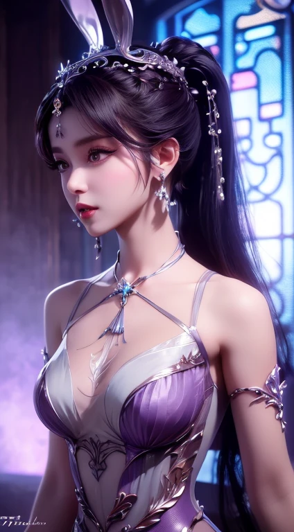 1 beautiful girl in Han costume, thin purple silk shirt with white color with many textures, white lace top, long platinum purple ponytail, hair jewelry, ear jewelry, light purple rabbit ears, necklace and necklace, meticulously drawn large purple eyes, meticulous makeup, thin eyebrows, high nose, lovely red lips, not smiling, pursed lips, rosy cheeks, wide breasts, big breasts , well-proportioned bust, slim waist, purple mesh socks, chinese hanfu style, fictitious art textures, vivid and realistic colors, RAW photos, realistic photos, ultra high quality 8k surreal photos, (effective fantasy light effect: 1.8), 10x pixel, magic effect (background): 1.8), super detailed eyes, girl body portrait, solo girl, ancient hanfu background,