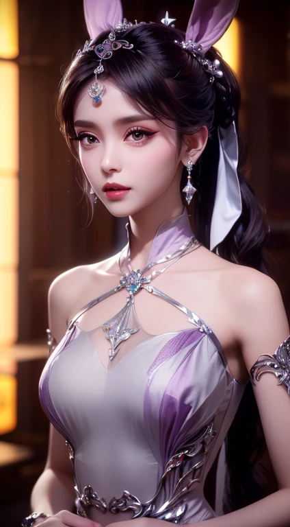 1 beautiful girl in Han costume, thin purple silk shirt with white color with many textures, white lace top, long platinum purple ponytail, hair jewelry, ear jewelry, light purple rabbit ears, necklace and necklace, meticulously drawn large purple eyes, meticulous makeup, thin eyebrows, high nose, lovely red lips, not smiling, pursed lips, rosy cheeks, wide breasts, big breasts , well-proportioned bust, slim waist, purple mesh socks, chinese hanfu style, fictitious art textures, vivid and realistic colors, RAW photos, realistic photos, ultra high quality 8k surreal photos, (effective fantasy light effect: 1.8), 10x pixel, magic effect (background): 1.8), super detailed eyes, girl body portrait, solo girl, ancient hanfu background,