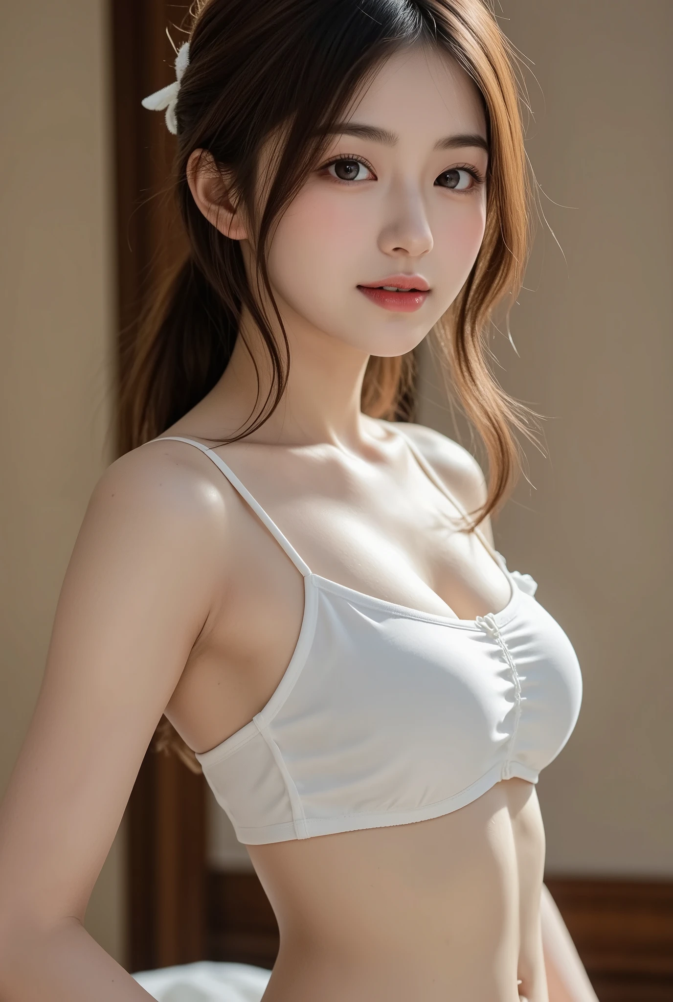 (Best Quality,High resolution,masutepiece:1.2),japanaese girl,1 girl,Charming shy face,Short-cut hair (Tied up brown hair),28-year-old girl,(symmetric clear eyes:1.3),Twinkling gaze,Looking at the viewer,Full body shot,In the open air,Big breasts too,Chest exposed,Erect ,Depiction of the climax,Slightly open mouth,Army Uniforms