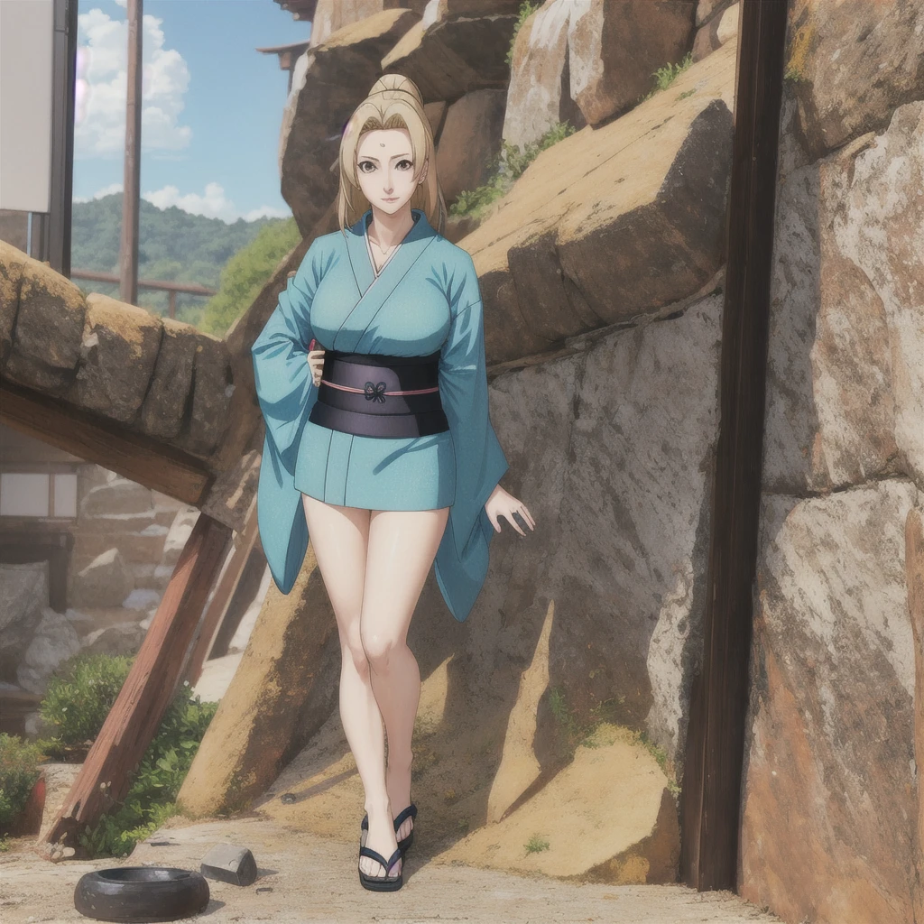 (huge tits), kimono, fullbody, nipples, areola, feet, high heels, slim waist, cleavage, good anatomy, masterpiece, best quality, 4k, 8k, professional photography, soft light, 1 girl, blonde hair, (mountain), clouds, blonde hair, parted banks, detailed face+brown eyes, smile, closed lips, lipstick, standing pose,short skirt,