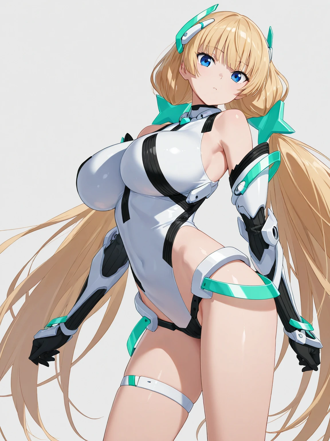 (masterpiece,best quality,ultra-detailed,highres,illustration:1.2),extremely detailed wallpaper,official art, amazing,high detail,ultra-detailed,extremely detailed 8k wallpaper,(character design),(simple background, white background: 1.3),(1girl),(solo),(young girl:1.2),(taimanin suit),sexy,perfect anatomy,beautiful face,fluffy ponytail hairstyle,blond hair colour,big breasts,cowboy shot,standing,looking at viewer