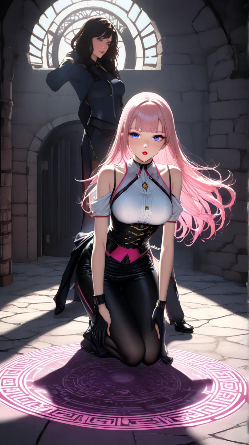 ((best quality)), ((masterpiece)), (detail:1.4), 3D,human development report(high dynamic range),Ray tracing,NVIDIA RTX,super resolution,Unreal 5,subsurface scattering、PBR texture、post processing、Anisotropic filtering、depth of field、Maximum clarity and sharpness、multi-layer texture、Albedo and specular maps、surface coloring、Accurately simulate the interaction of light with materials、Perfect proportion、octane rendering、Dichroic light、Large aperture、Low ISO、white balance、rule of thirds、8K original、from below,teenager,Cats,Raised sexy、obsessed、High、Beautiful waist、large breasts 、radiant skin、White skin、very long hair,pink hair,smooth hair,stand,looking at the audience,spread legs,Leather deep V jumpsuit miniskirt,take off shoulders,clavicle,cleavage,skirt lift,from below,panty peek,Proud,court