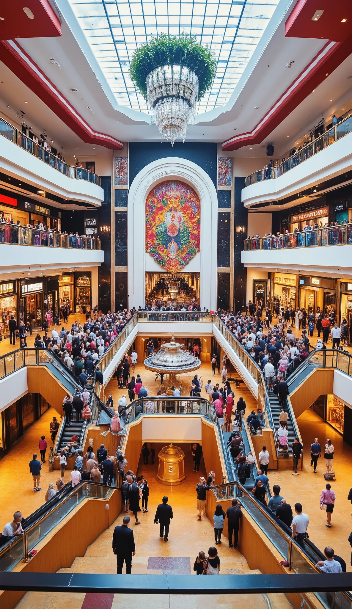 highdefinition images、multiple escalators in an octagonal hall in a shopping mall、as seen from the 2nd floor、colorful shops and people coming and going as seen from the 2nd floor、Multiple escalators in the octagonal hall in。