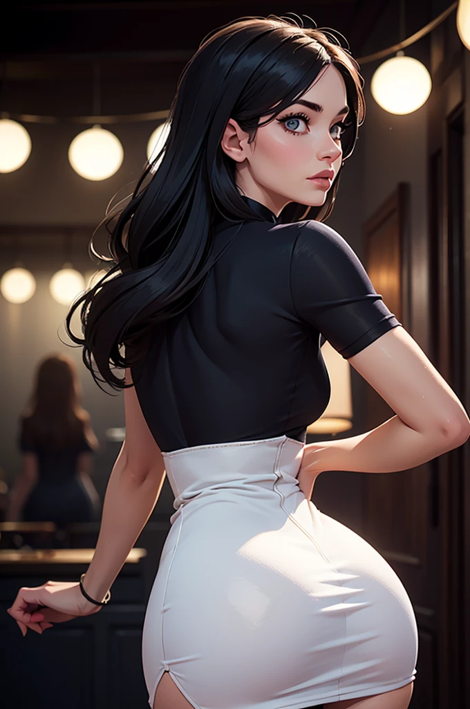 Panas , , sexly, ((work of art, best qualityer)), skin detailed, highy detailed, cinematic lighting, ultra realistic, blush, looking ahead at viewer, with black hair. Ponytail, portraite, big ass, neckleace, malicious smile, full body view, in this, black pants, flegs, blue colored eyes, white blouse