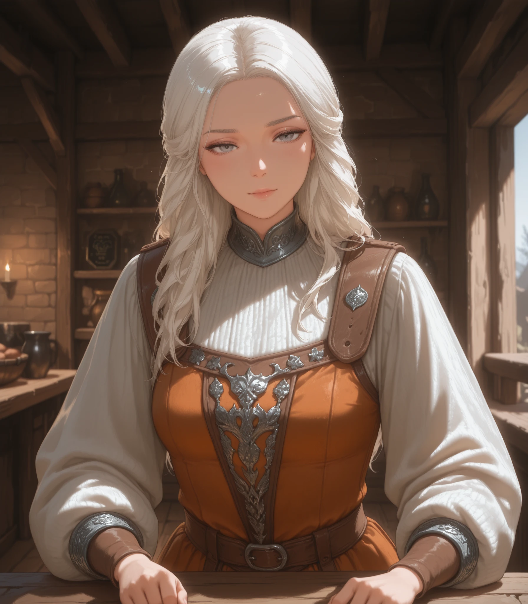 game of thrones, white hair, Grey eyes, female, basic clothes Medieval, tavern
