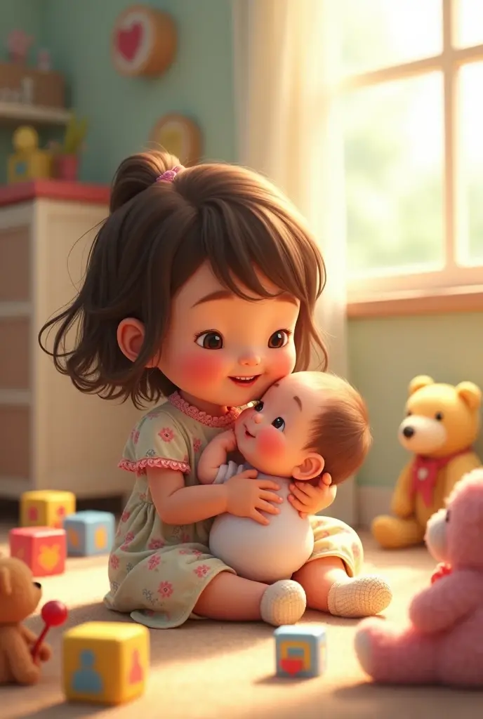 Girl with cute baby with toys
