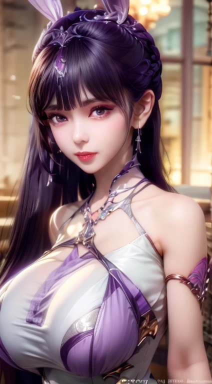 1 beautiful girl in Han costume, thin purple silk shirt with white color with many textures, white lace top, long platinum purple ponytail, hair jewelry, ear jewelry, light purple rabbit ears, necklace and necklace, meticulously drawn large purple eyes, meticulous makeup, thin eyebrows, high nose, lovely red lips, not smiling, pursed lips, rosy cheeks, wide breasts, big breasts , well-proportioned bust, slim waist, purple mesh socks, chinese hanfu style, fictitious art textures, vivid and realistic colors, RAW photos, realistic photos, ultra high quality 8k surreal photos, (effective fantasy light effect: 1.8), 10x pixel, magic effect (background): 1.8), super detailed eyes, girl body portrait, ancient hanfu background,