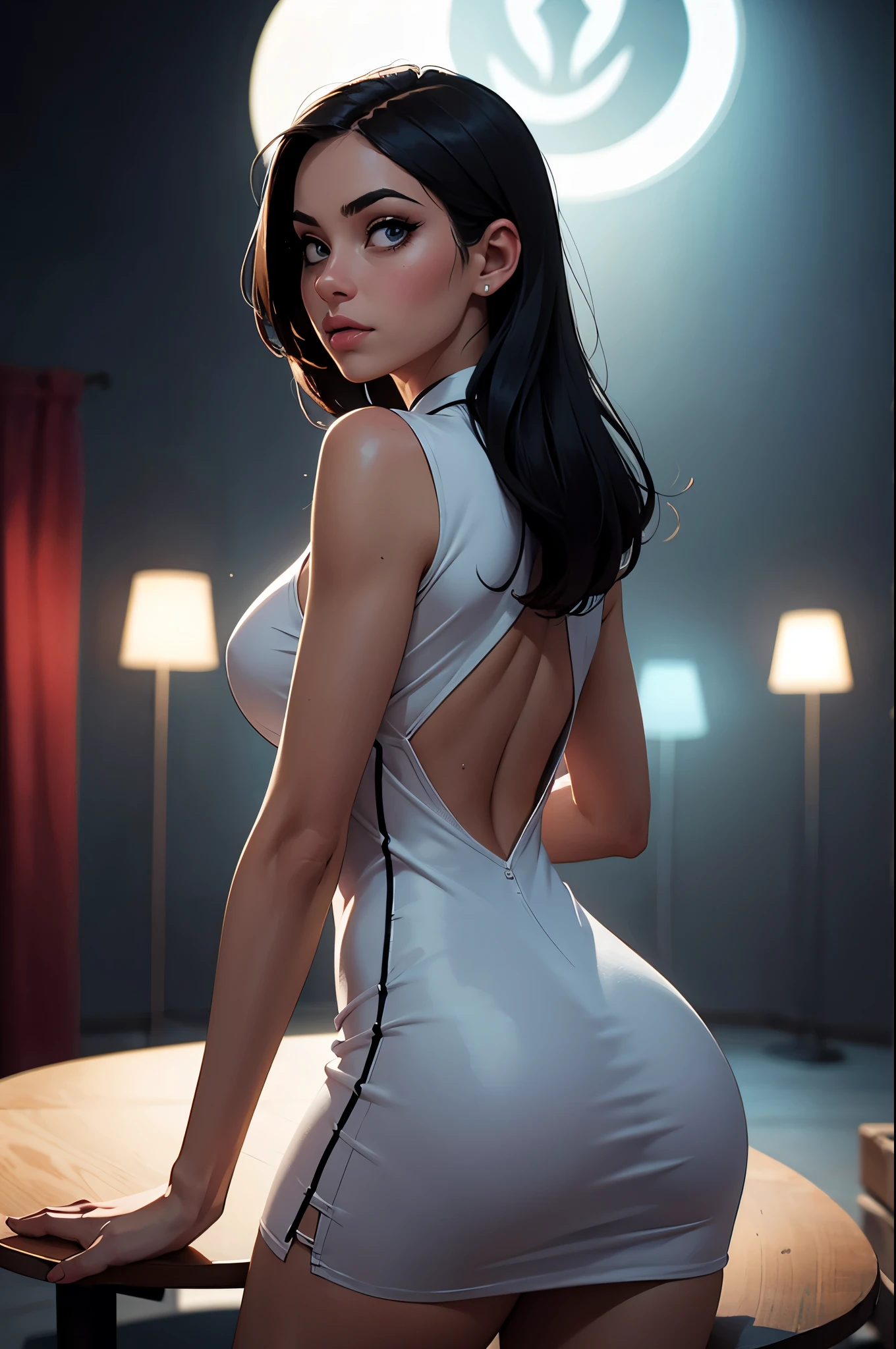 long black hair, big breasts, big ass, tight white dress, neckline, realistic, best quality, play of lights, 3d, rear view, marking, leaning on a table
