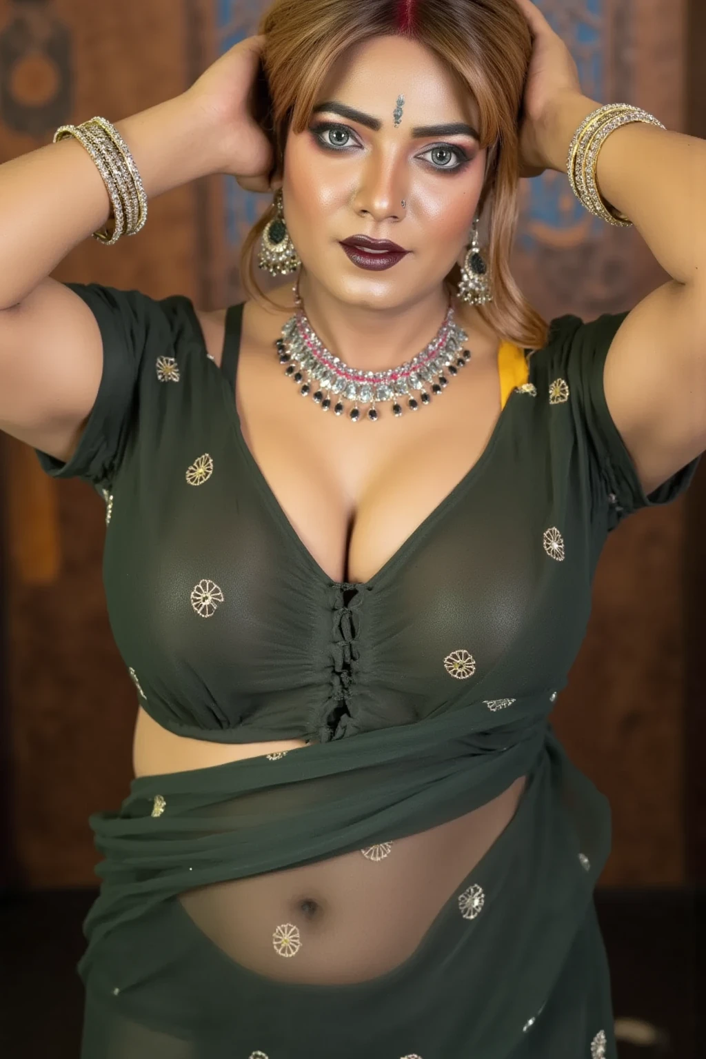 Looks like Indian Actress Mahie Gill, stunning beauty, enchantress, maharani, beautiful like apsara, An Extremely gorgeous and beautiful Bengali village woman, 55 yo, pale white skin, sensual appealing body, perfect thick and chubby Beauty, wearing saree bare-chested, wearing a Bengali-style saree without a blouse,, ethnic vintage bengali village woman, bengali style saree, The sari was worn without a blouse and petticoat before the British Raj, baring one's chest or being blouseless, intricate , Bengalis a.k.a. Bongs are known for their unique Bengali fashion sense (the way they don that sari makes you go wow), Pre British Raj, Pre colonial era, Bengali Woman draping sari without blouse is a normal thing in pre British Era, bong woman, wearing kajal or kohl or kajol in eyes, enchanting face, fluent body language and her own appeal is truly different, thick fleshy navel, juicy lips, beautiful curvy village woman, desi gorgeous Bong aunty, curvy mature beauty, Bengali bhabhi , deep juicy navel, juicy figure, skin pores, skin texture, highly detailed, sensually appealing, appealing figure, appealing body language,