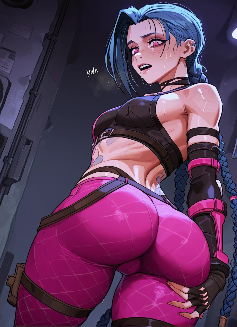 1girl, solo, long hair, looking at viewer, black hair, bandaid on face, yellow eyes, animal ears, smile, bandaid on nose, braid, cat ears, bandaid, ,bodysuit, gloves, teeth, scarf, blush, hair ornament, purple hair, fingerless gloves, facial mark, orange eyes, holding, jewelry, hand up, blurry, locker room, background, seductive, realistic, highly detailed face, detailed eyes, best quality, masterpiece, ultra detail, ultra high res, extreme detail, 8k, uhd, perfect face, (sexy pose), perfect face, standing, hand on hip, erisa, mouth closed, cheerleader outfit, skirt, short skirt, crop top, tight outfit, ass, from behind, round ass