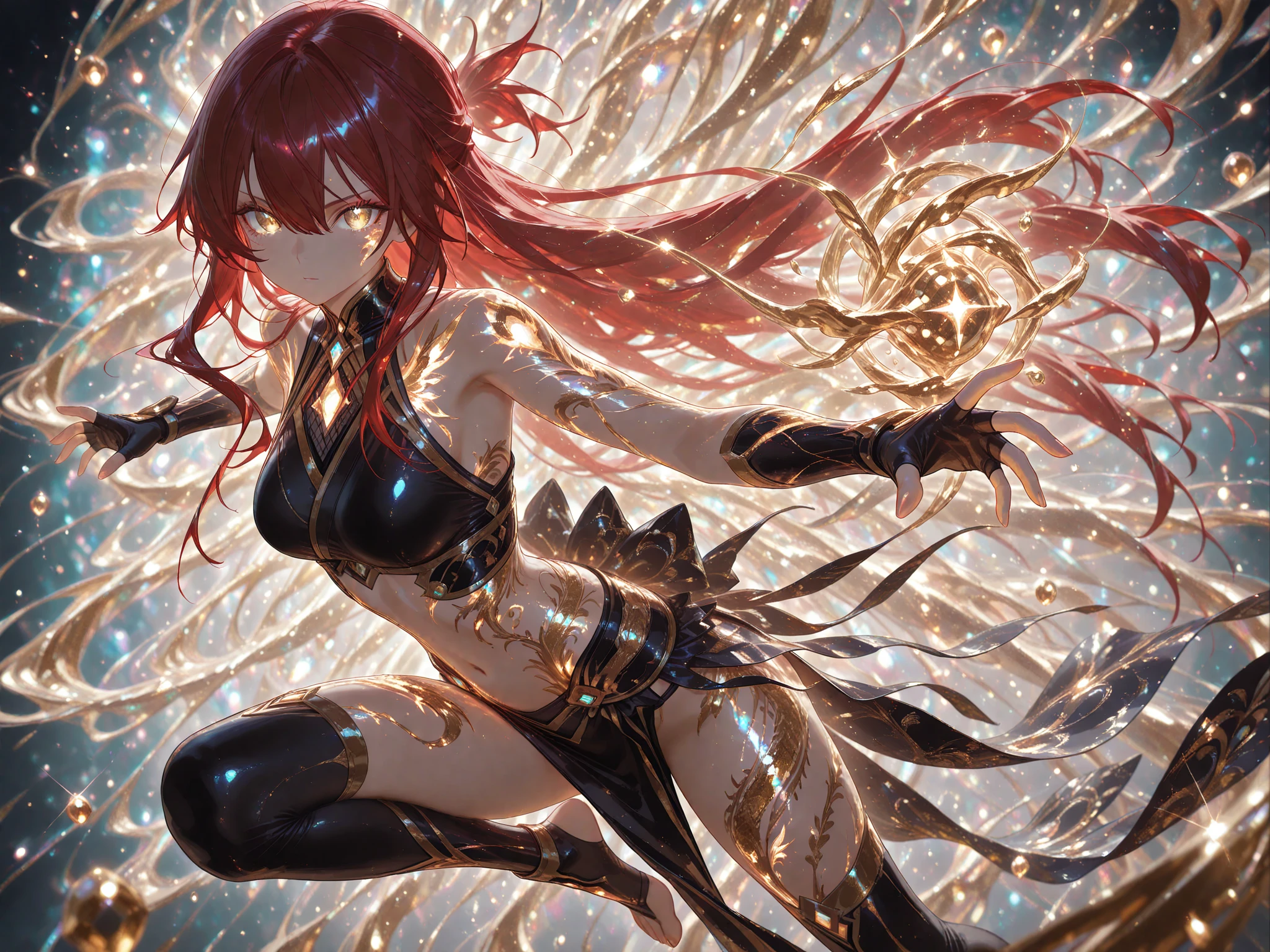 Crossing your legs, Anime style painting, An illustration, Liquor, バーに座ってカクテルを飲むwoman, look return, return, 背景の棚には多彩な色のLiquor瓶が並んでいる, Quiet bar, Calm expression, Perfect hands, elder, Redhead, Dignity at 50, ほろ酔いのwoman, alone、(Highly detailed returnground:1.0)、(Highly detailed returnground:1.0)、masterpiece、Highest quality、(Babes)、Fractal Art、Red eyes、Narrow eyes、Black and red dress, Reddish lips、From the shoulders up、smile、一人のwoman、Red Long Ponytail, Curly Hair, Red eyes,Golden accessories, alone, Big Breasts, woman, Take-out, Provocative laughter,40 year old woman,Queen of Sadism, Highly detailed returnground, Perfect Human Medicine,