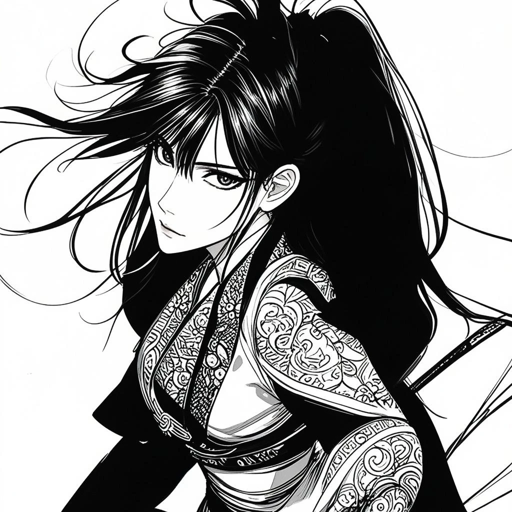 (comic style), (line art:1.5), (1girl:1.3), ((black and white)), hanfu, geisha, ((zen)), (masterpiece, top quality, best quality), extreme detailed background, good composition, good anatomy, perfect lighting, good shading, zen calligraphy, (realistic:1.3),