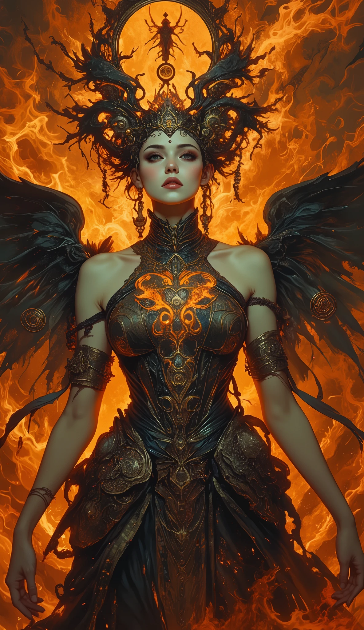 a full size shot of a alluring woman with a provocativ seraphic face, hecate goddess, hecate, fantasy dark art, style of peter mohrbacher, dark fantasy art, gothic fantasy art, fantasy horror art, wreathed in flame, dramatic fantasy art, mohrbacher, priestess of the damned, goddess of the underworld