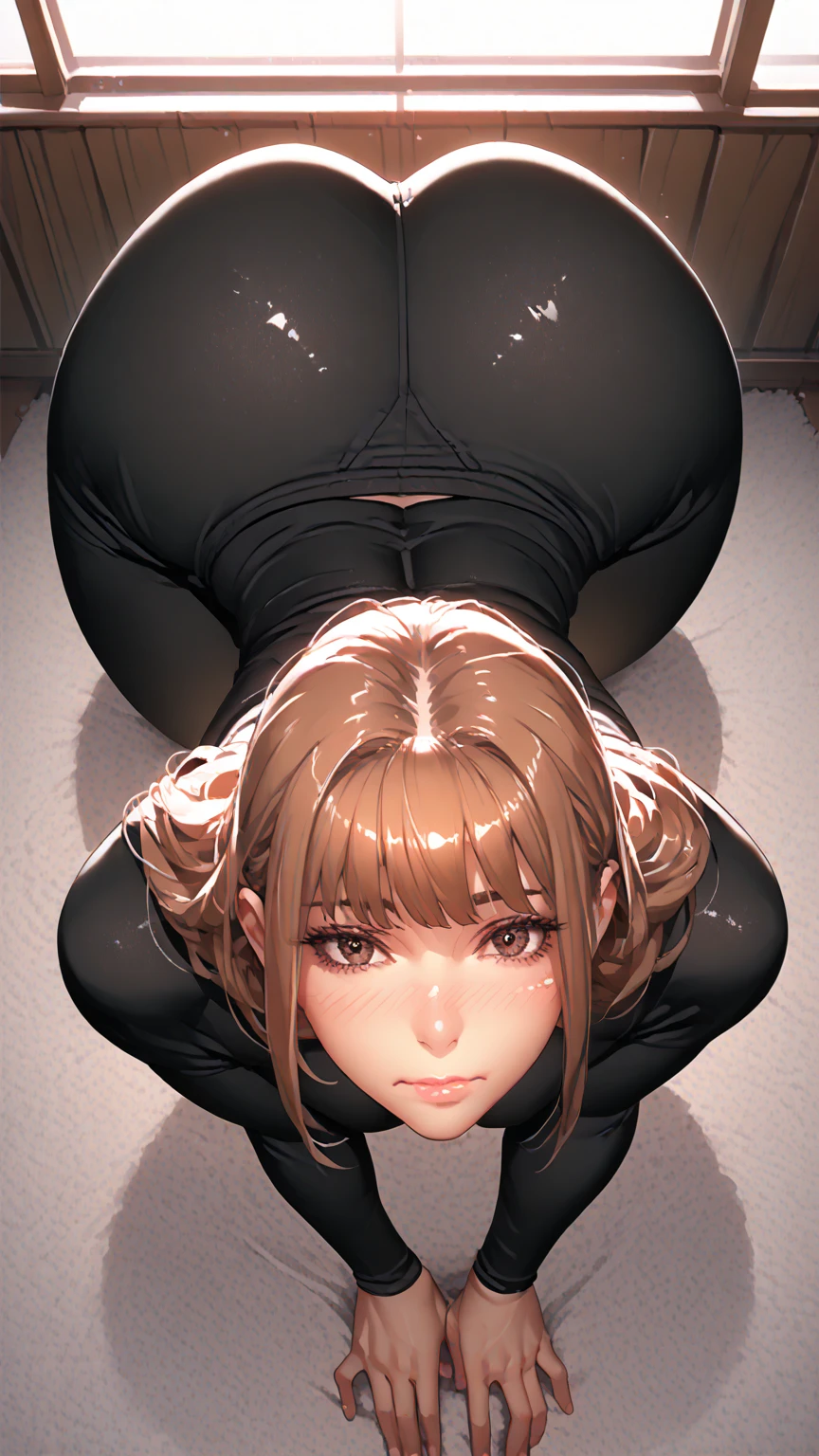 laying on stomach, bent down, spread legs, beyond cancer, turned around,, lying on the bed, lies on back, ass up,, back view, best quality, ultra detailed,,1girl, solo, nikkeani, cross-eyed, short_hair, open_mouth, big_breasts, brown_hair, hair ornament, , brown_eyes, yellow_eyes, beret, cowboy shot, (rabbit ears, playboy bunny:1.2), big booty, looking at the viewer, sexy pose,