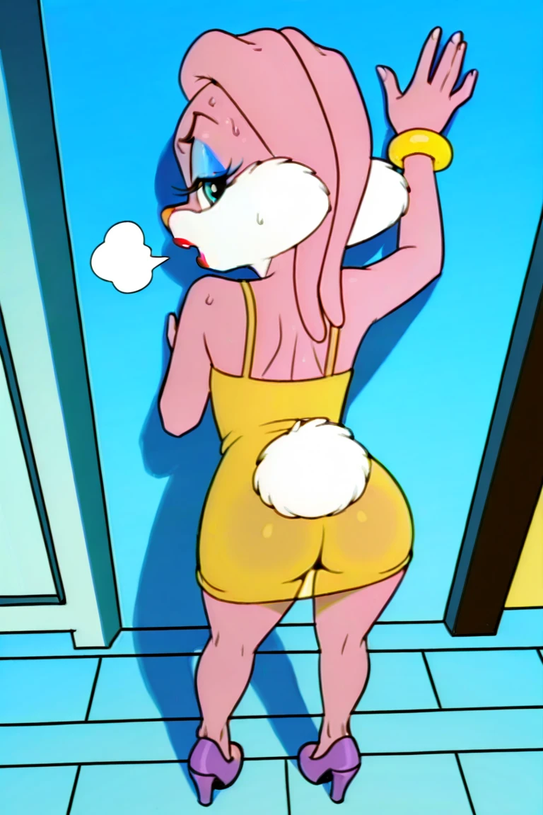 lolabunny, 1girl, solo, furry female, rabbit ears, rabbit girl, animal nose, white gloves, from behind, blue eyes, body fur, standing, tail sleeveless, buck teeth, ,smile,looking at viewer, nude, naked, breasts, Big ass, sexy ass, sexy body, thick legs, pussy, bent over, bedroom background, outdoors, score_9, score_8_up, score_7_up, score_6_up, score_5_up, score_4_up
