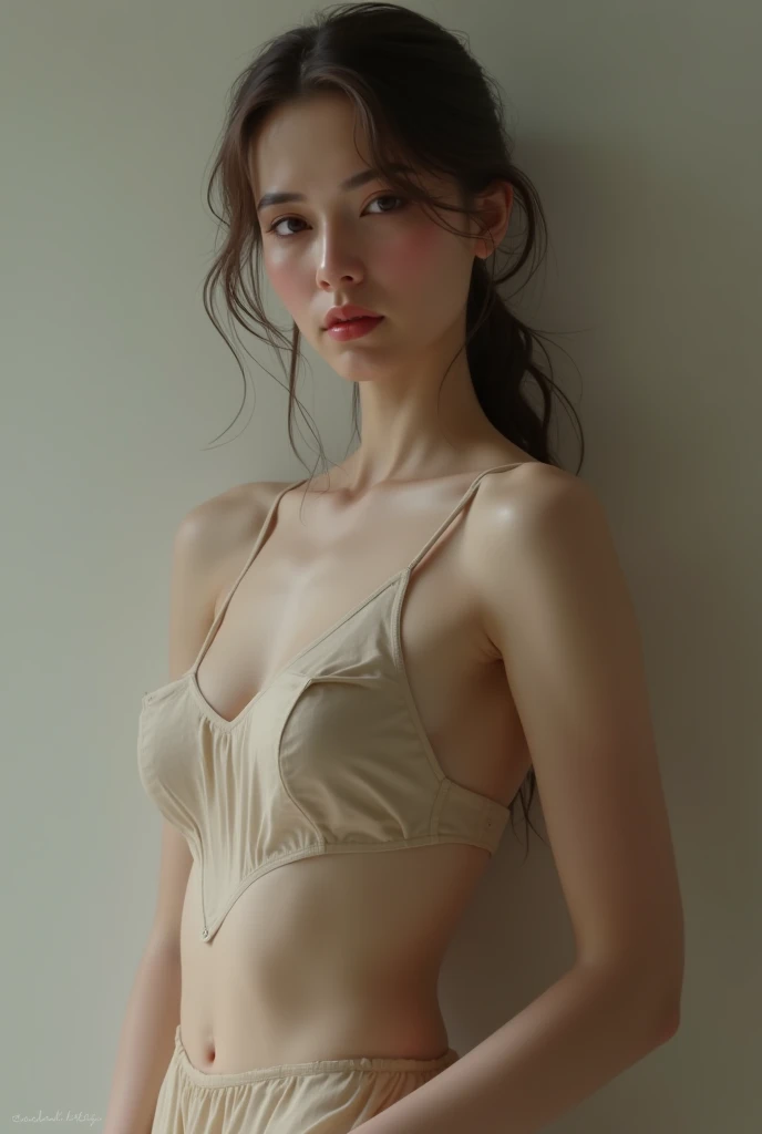 Highest quality, masterpiece, Ultra-high resolution, RAW Photos, Japanese women, 18-year-old,, Short Hair, Baby Face, Beige swimsuit, cover your chest with your hands, Full body photo,