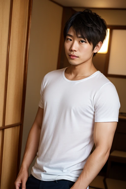 A 30-year-old Japanese male athlete in a uniform with an erection, naked from the waist down
