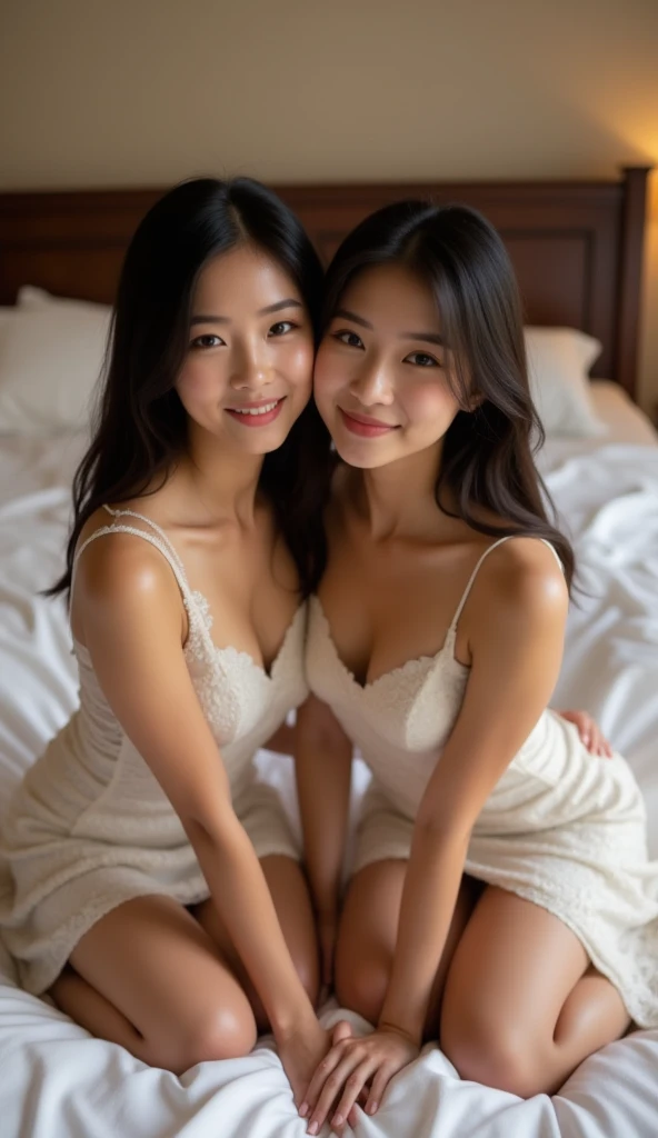 Medium shot, simple plain background, 2 girls, a medium shot of 2 buxom Thailand slaves, wearing low cut sheer robe, shirtless, sleeveless, perky breasts, seductive smile
