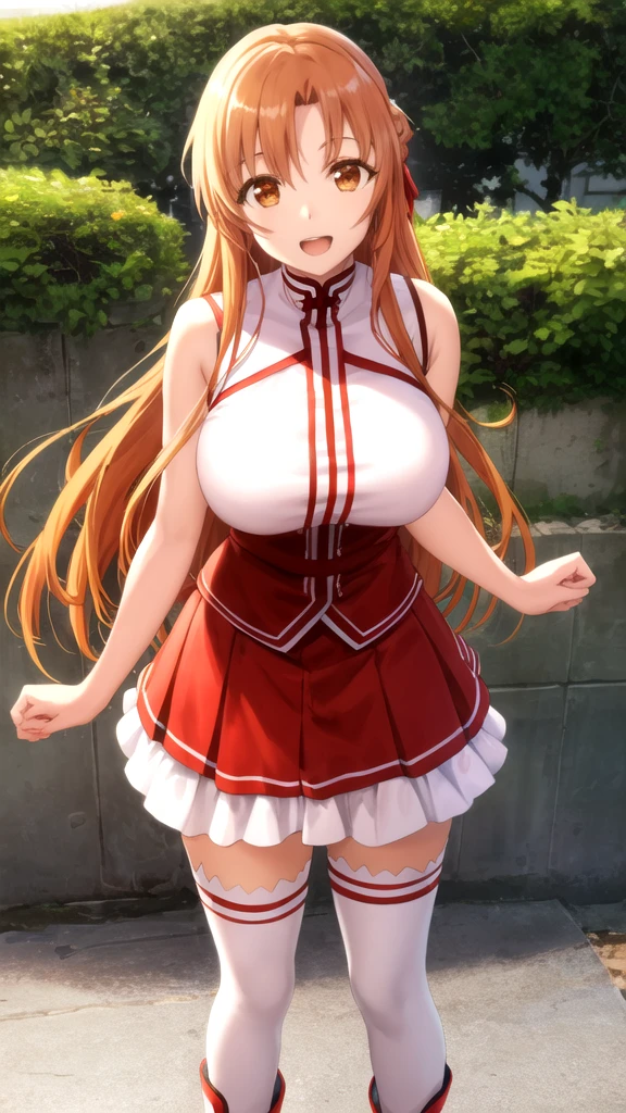(masterpiece:1.2), (photorealistic:1.2), (best quality),((realistic:1.3)), (detailed skin:1.3), (intricate details), dramatic, ray tracing,finely detailed, quality,realistic lighting,huge breasts,1girl,1girl, rias_gremory,, red hair, ahoge, blue eyes, large breasts, very long hair, breasts, red skirt, huge ahoge, socks,,full body,smile,looking at viewer,(outdoors,dynamic pose)