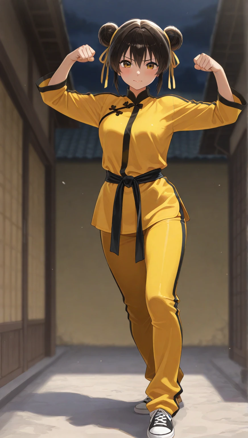 Woman in yellow riding wear, Movie: Kill Bill, Yellow and black line jersey, Western-style hotel lobby, Kung Fu style, Dynamic movement