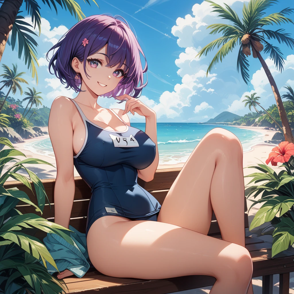 Adult Female, Black purple hair, slanted bob haircut, apathetic, perfect purple eyes, beach, highly detailed, bikini, big chest, not looking