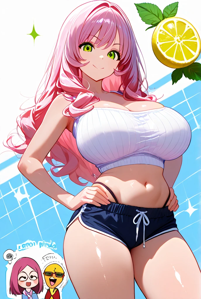Pink haired woman , huge chest , bikini , full body , orgasm face , tongue out