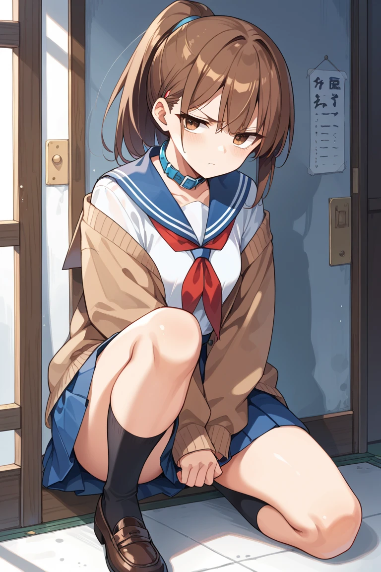 An unwell high school girl wearing a sailor suit sits in the school gymnasium.、Observing a class while hugging one&#39;s knees.