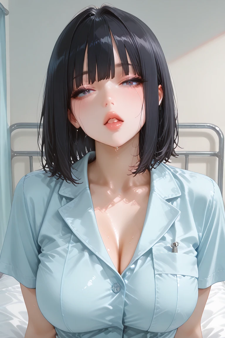 big, masterpiece,perfect anatomy,highres,white lingerie,(vulgarity,orgasm:1.85),1girl,breast squeeze (1boy,big penis,excessive cum ,cum in breasts:1.3),pov, on breasts,(large breats,pointy breasts,black nurse cap:1.5),((dangle earrings)), breast focus, taking a on her face, string tits,,, sexy pose,light dark skin