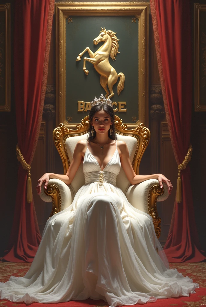 Create a realistic image where a woman wearing white luxury suit with transparent under dress and sitting on king size chair with crown 👑, she's holding a 🍷 wine glass in her hand, there is smoke in background a shadow. In background the name "Bebo" bold and glowing is showing in bold reflection in shadows