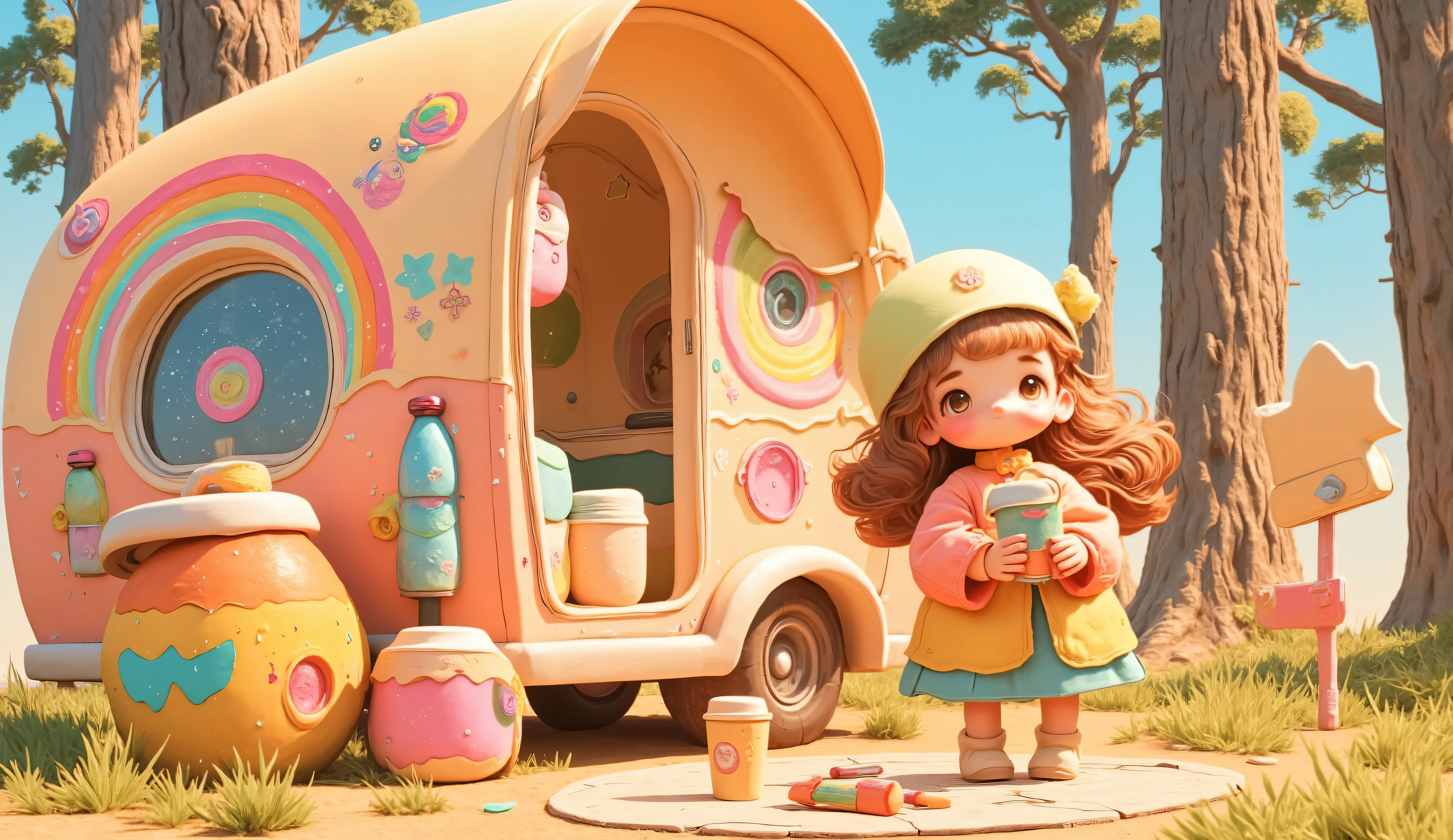 3d anime style, chibi girl arranging colorful camping gear beside a retro flower power camping trailer, vibrant psychedelic campsite setup, bohemian outdoor lifestyle, edge of mystical forest with tall thin trees, bright natural sunlight with rainbow prism effects, neon colors, electric blues, vibrant yellows, lime greens, hot pinks, Lisa Frank meets Peter Max style, psychedelic pop art, flower power aesthetic, peace symbols, mandalas, geometric patterns, digital illustration with painted details, fantasy lifestyle scene, glossy surfaces, ultra-detailed, sharp focus, 8K resolution, cinematic lighting, dreamy atmosphere, magical realism, vibrant foliage, lens flare, colorful lens aberration, magazine quality, stunning dynamic composition