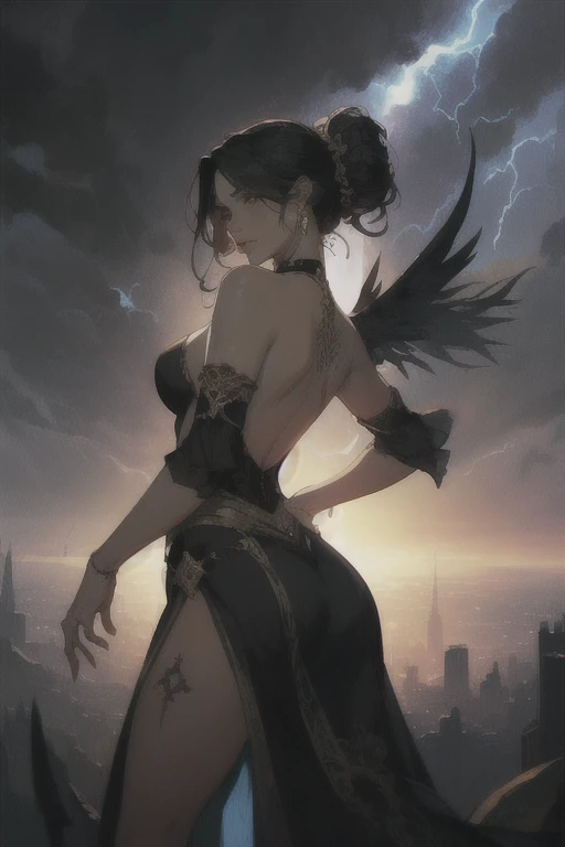 masterpiece,best quality,ultra-detailed,2girl,solo,crow,upper body,dark style,black hair ,horror theme, ????, showing bare butt