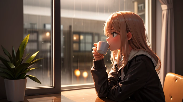Lofi Song, sitting on the bed. looking at the window, having a coffee. listening to music on headphones, while looking out the window and seeing the rain falling
