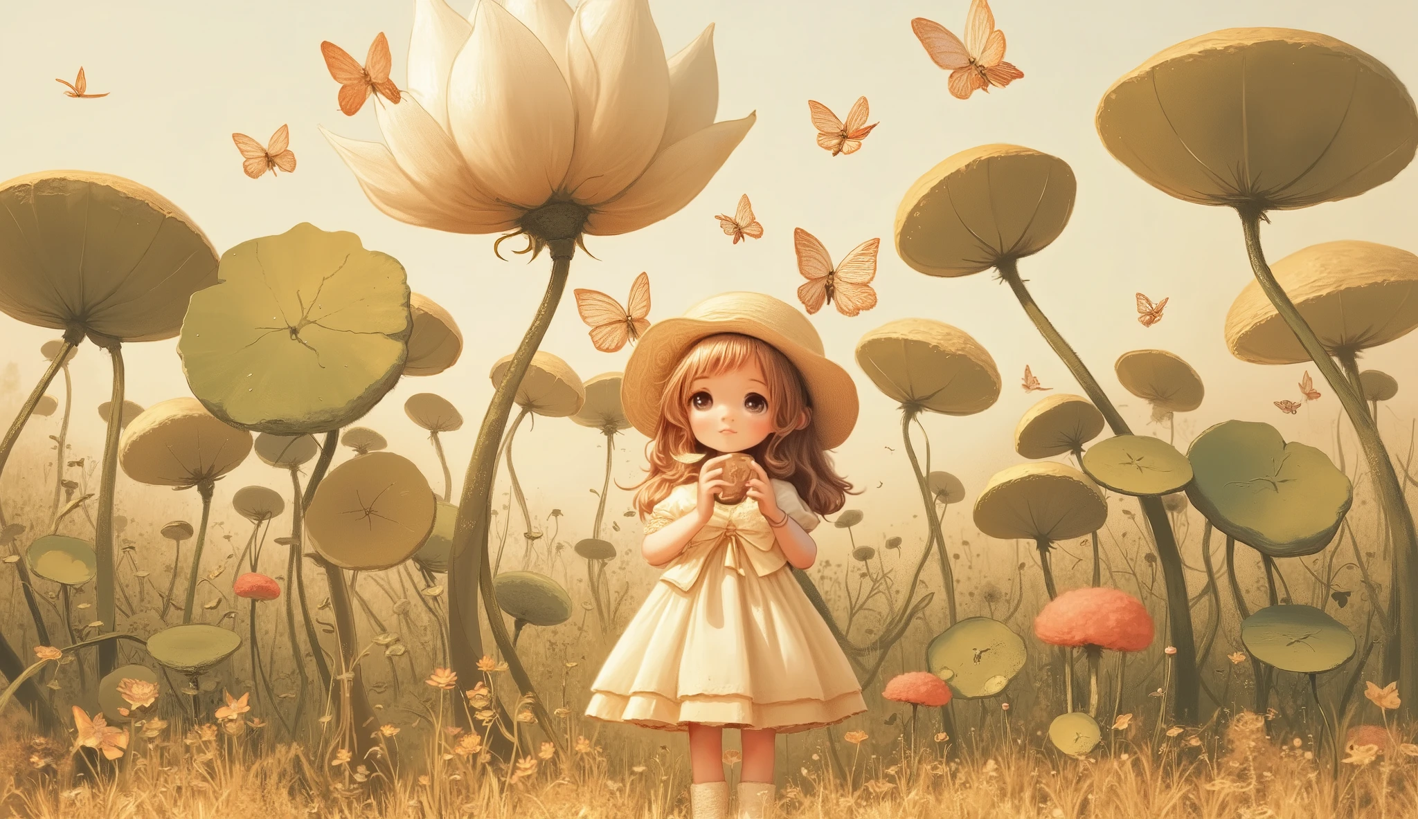 Whimsical art style, surreal fantasy, ethereal art, illustration. A girl in a summer dress and sun hat, releases a flock of butterflies in a field of giant lotus flowers. The lotus flowers are the size of trees and fill the entire background. Artstation, cinematic lighting, Alphonse Mucha fantasy art artifacts, Rossdraws, Krenz Cushart, infrared, digital airbrush. Color palette Maximum Blue, Orange Soda, Burnt Umber, Indian Red.