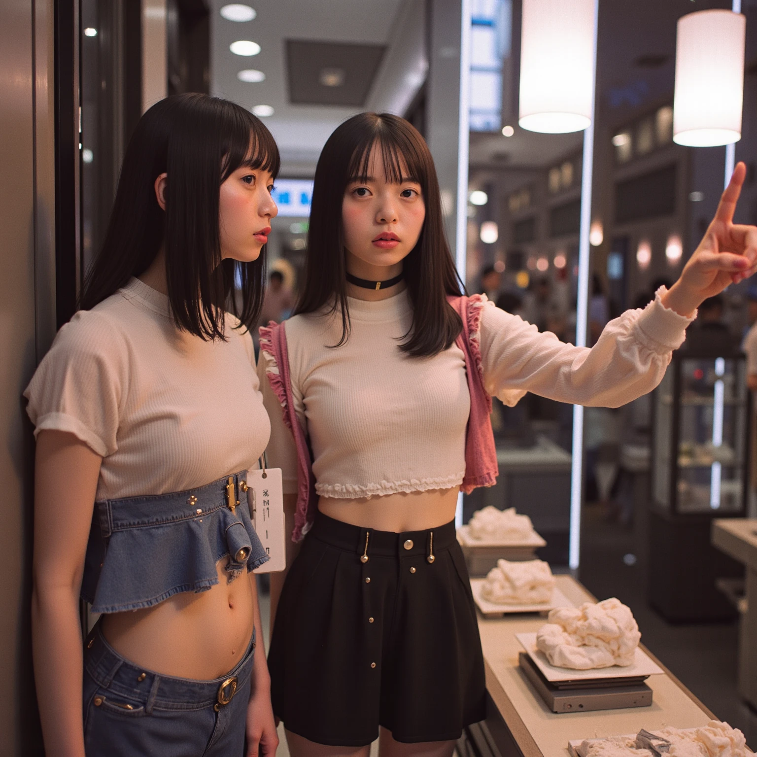 masterpiece, 最high quality, 超high quality, high quality, Realistic, photo Realistic,,Natural light,(Cinema Lighting:1.4),RAW Photos, Super detailed, Intricately detailed, Perfect Anatomy, Fujifilm XT3, break 1girl,Japanese,(Slim Abs:1.3),Big Hips,(Camel Toe:1.2),(Very short black bob hair falling over one eye:1.2), (Leaning forward:1.4),(smile),(Blushing:1.3),Watery eye,(Denim pants), break (Down blouse:1.3),(Wearing a sexy red bra under a loose white T-shirt:1.5),(breast focus), (Looking at the floor, Look to the side, Look at other people:1.4),(Glasses),(Light color Large areola), break (At the supermarket:1.5),(indoor),(shopping cart),( stacking supermarket shelves), (Mid Shot), ,from the front, Are standing,