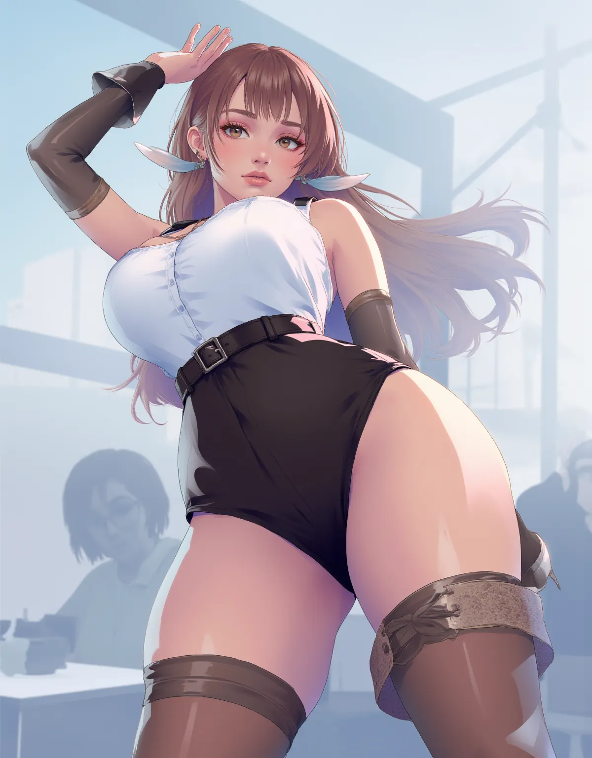 Masterpiece , best quality , Masterpiece , best quality , 1 woman , red eyes , wavy brown hair , sly face , smile , black t-shirt , pink bikini , abdomen , Big breasts, long legs , Barefoot , hands on hips , Stand perfectly straight. , abandoned factory