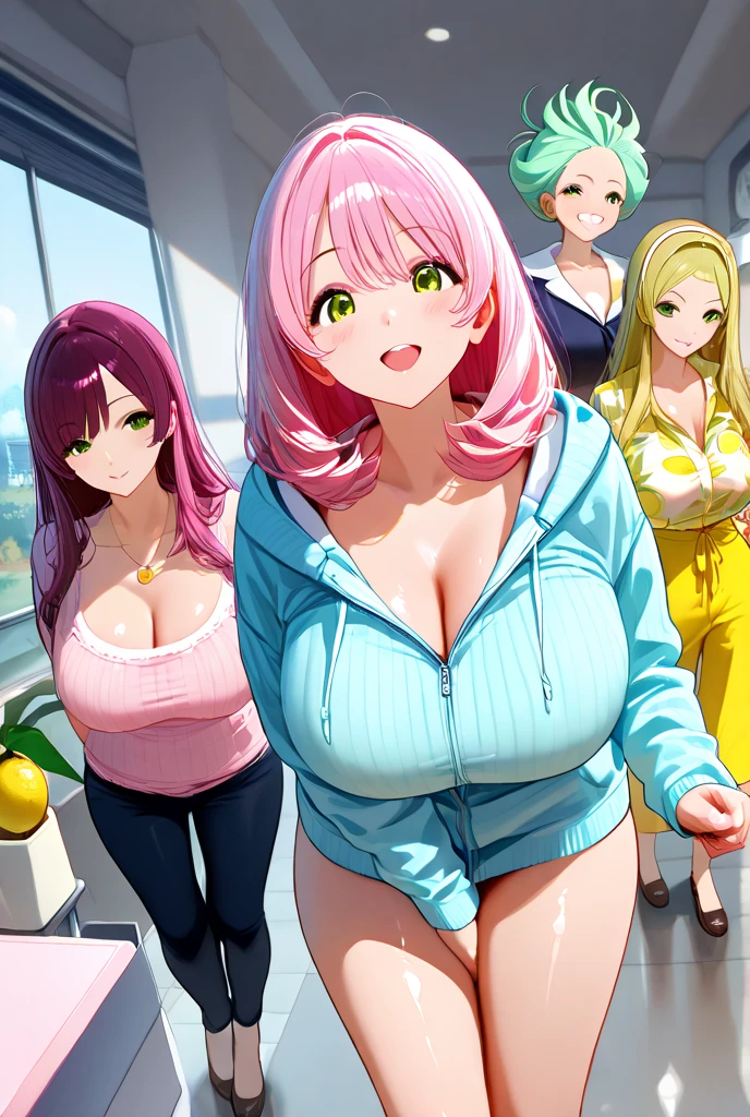 Five adult college girls with big breasts, one redhead girl with pigtails, another with long pink hair, another with long green hair, another with long yellow hair, and finally a girl with short white hair, the background being a living room.. Girls should wear casual, normal clothes.